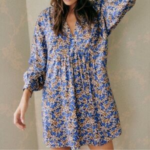 Sezane Blue Floral Long Sleeve Dress